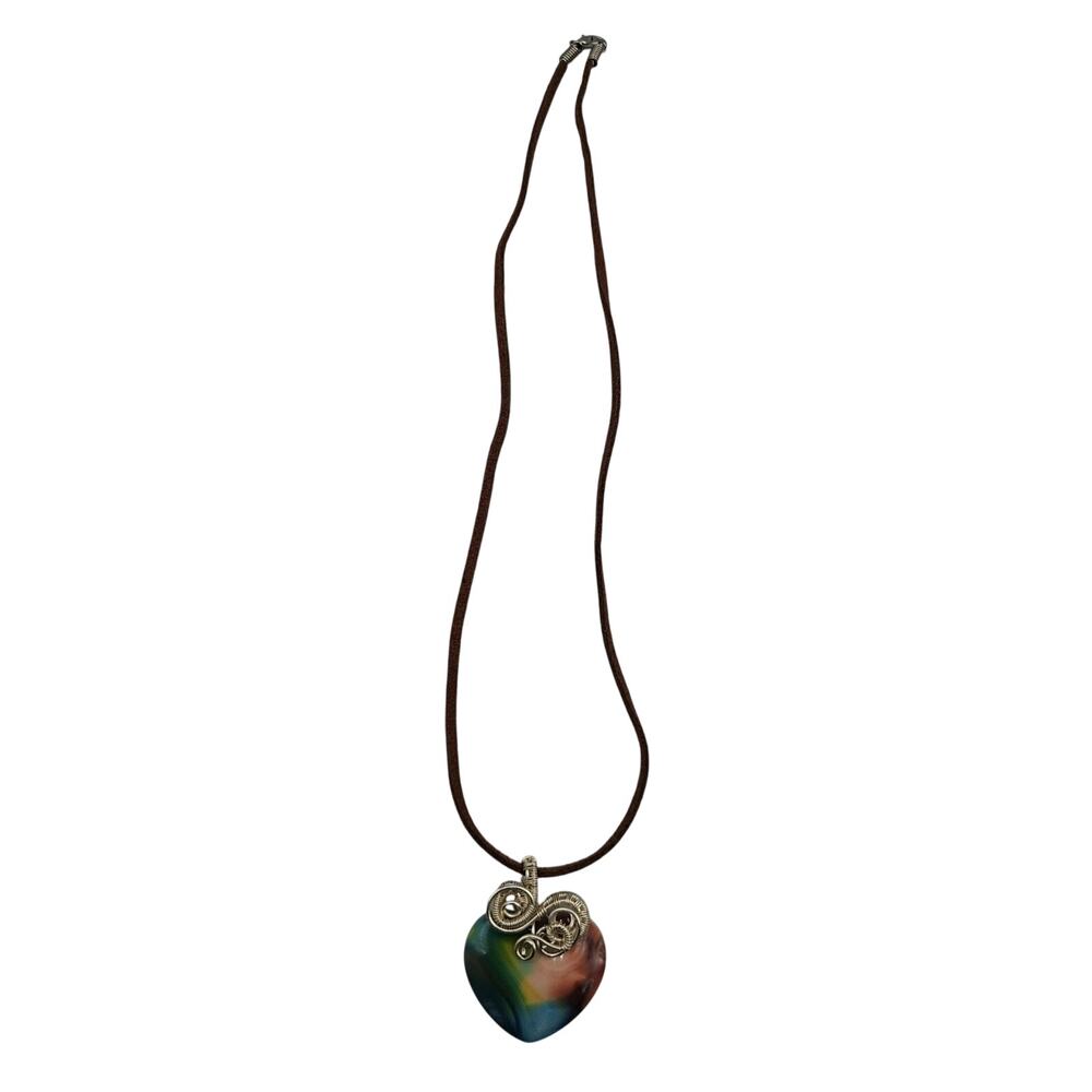 Vintage 15 1/2" Brown Cord Necklace W/ Colorful Glass Heart Pendant
